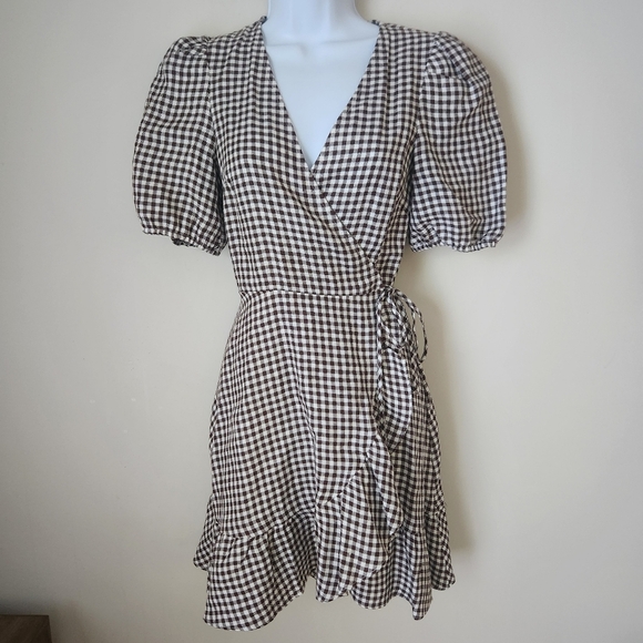 & Other Stories | Puff Sleeve 100% Linen Gingham Wrap Mini Dress - Size 2 - Picture 3 of 12